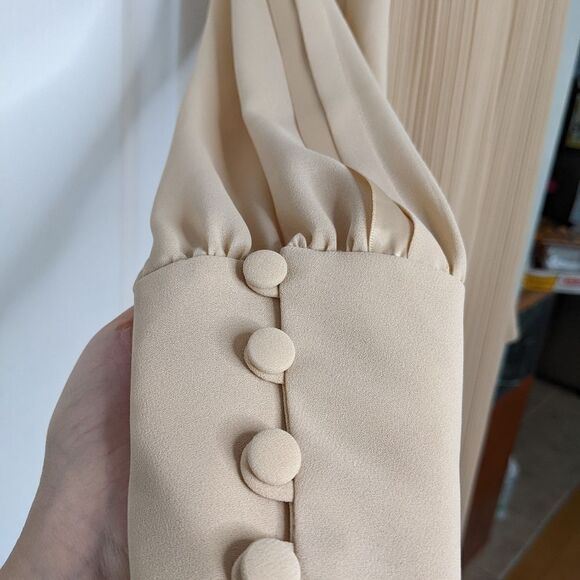 VINTAGE Pleated Midi trapeze Dress with high neck Beige neutral tone Small @L - Picture 5 of 12